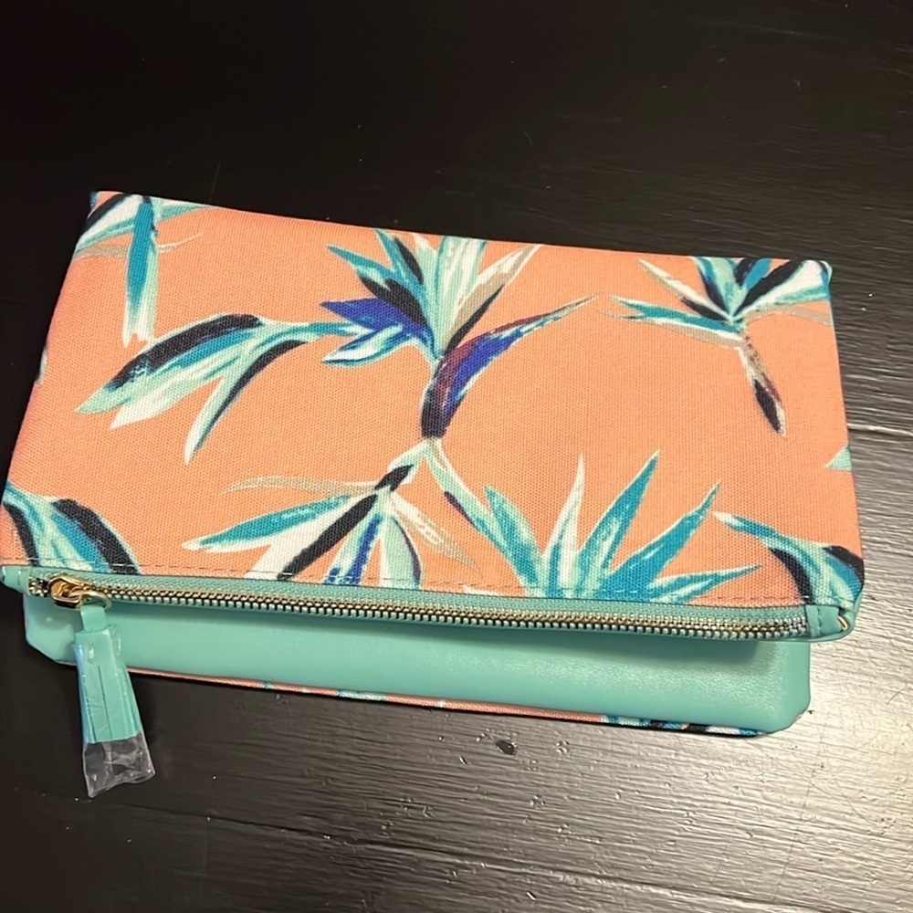 Rachel Pally‎ Floral Fold Over Clutch Bag Tropical Bird of Paradise Teal Peach